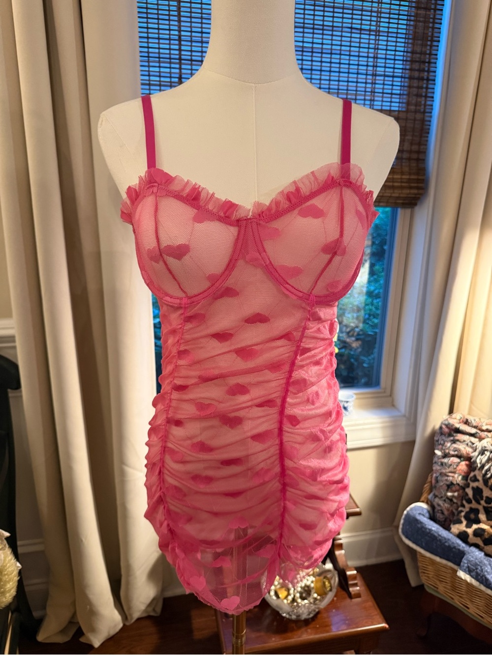 Sheer Pink Heart Mesh Chemise with Ruffle Trim